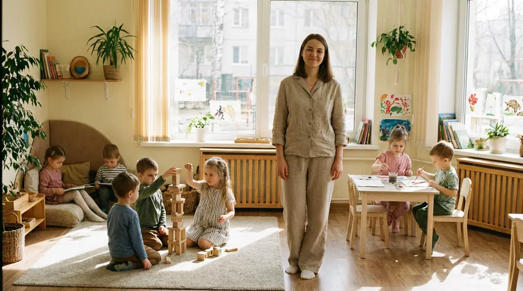 Entspannte Erzieherin in harmonischem Kita-Gruppenraum mit spielenden Kindern