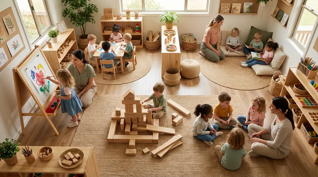 Überblick über eine Kita-Szene mit Kindern beim selbstbestimmten Spiel und Lernen ohne Förderdruck