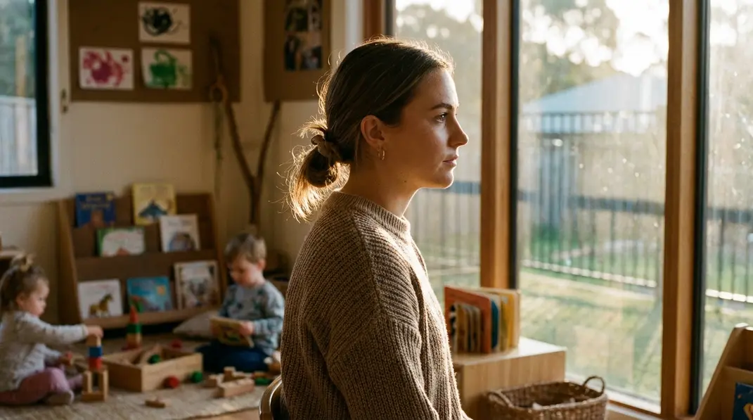 Nachdenkliche pädagogische Fachkraft am Fenster mit spielenden Kindern im Hintergrund