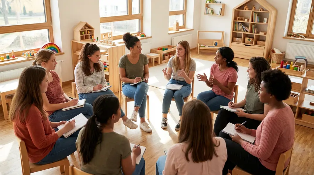 Diverse Gruppe pädagogischer Fachkräfte in professionellem Austausch und Reflexion