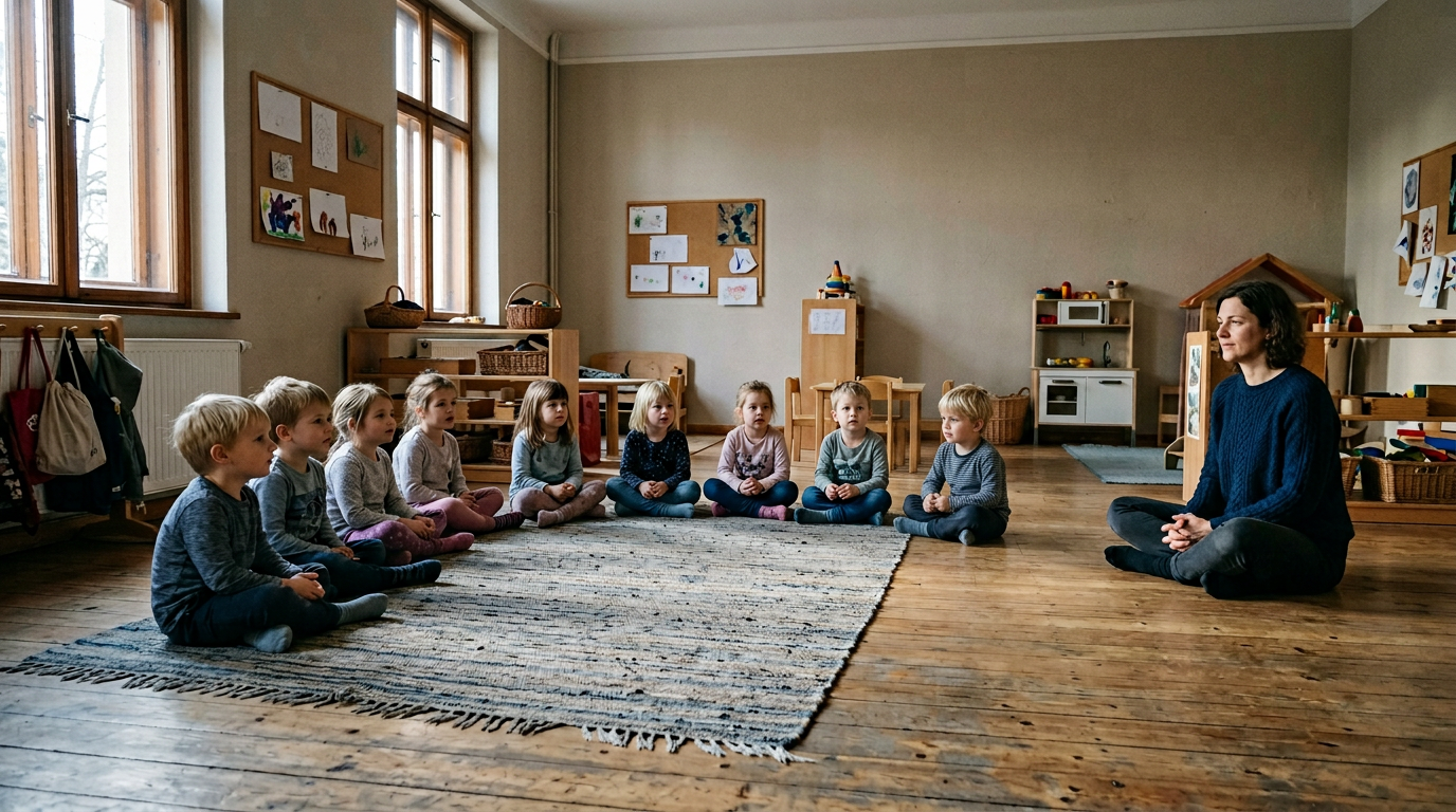 Weitwinkelbild eines Kita-Gruppenraums im Morgenkreis, Kinder sitzen im Kreis,