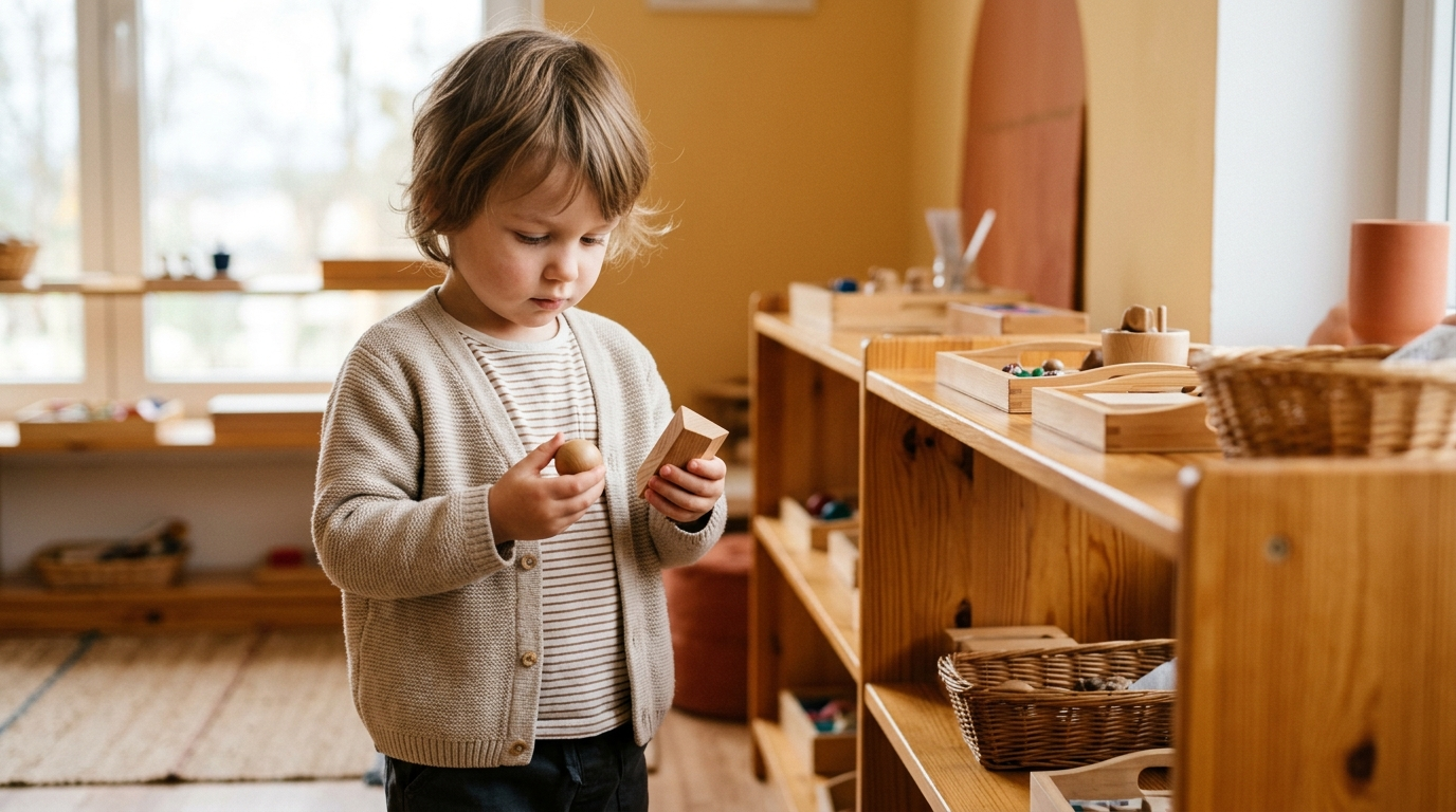 Kind steht unentschlossen vor vielen Optionen — zu viele Entscheidungen belasten Kinder Montessori