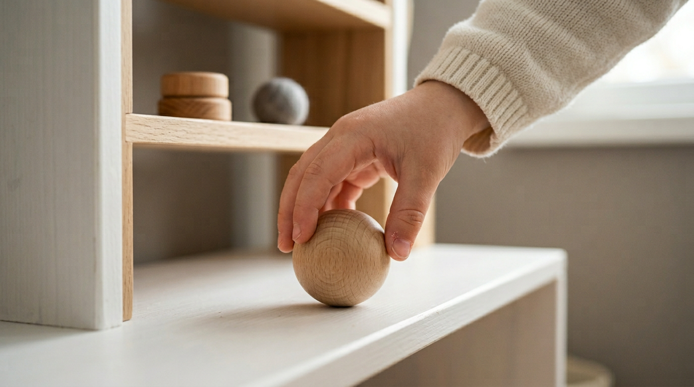 Detailaufnahme einer kleinen Kinderhand, die gezielt ein einzelnes Holzmaterial
