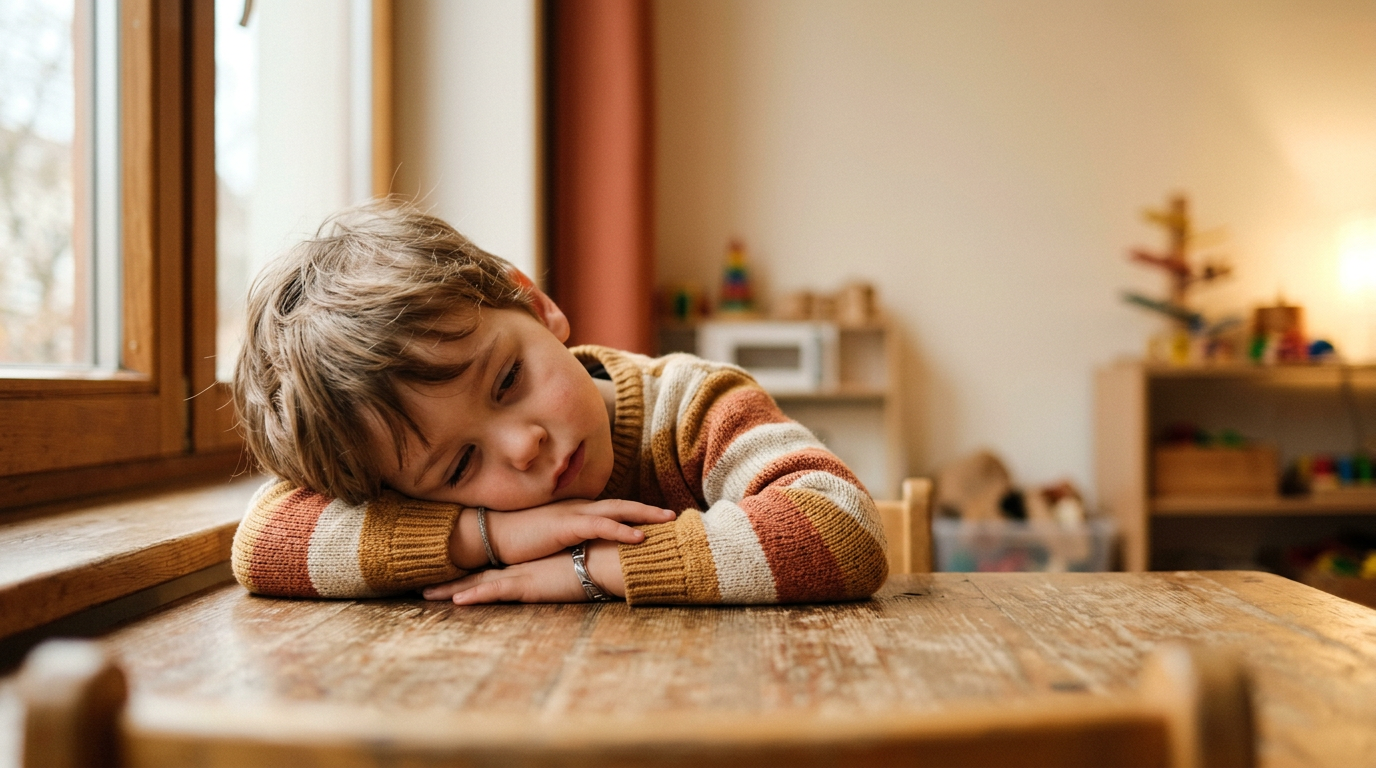 Kind wirkt ernsthaft und erschöpft — Parentifizierung Kind trägt Familienlast Schiller Frankl