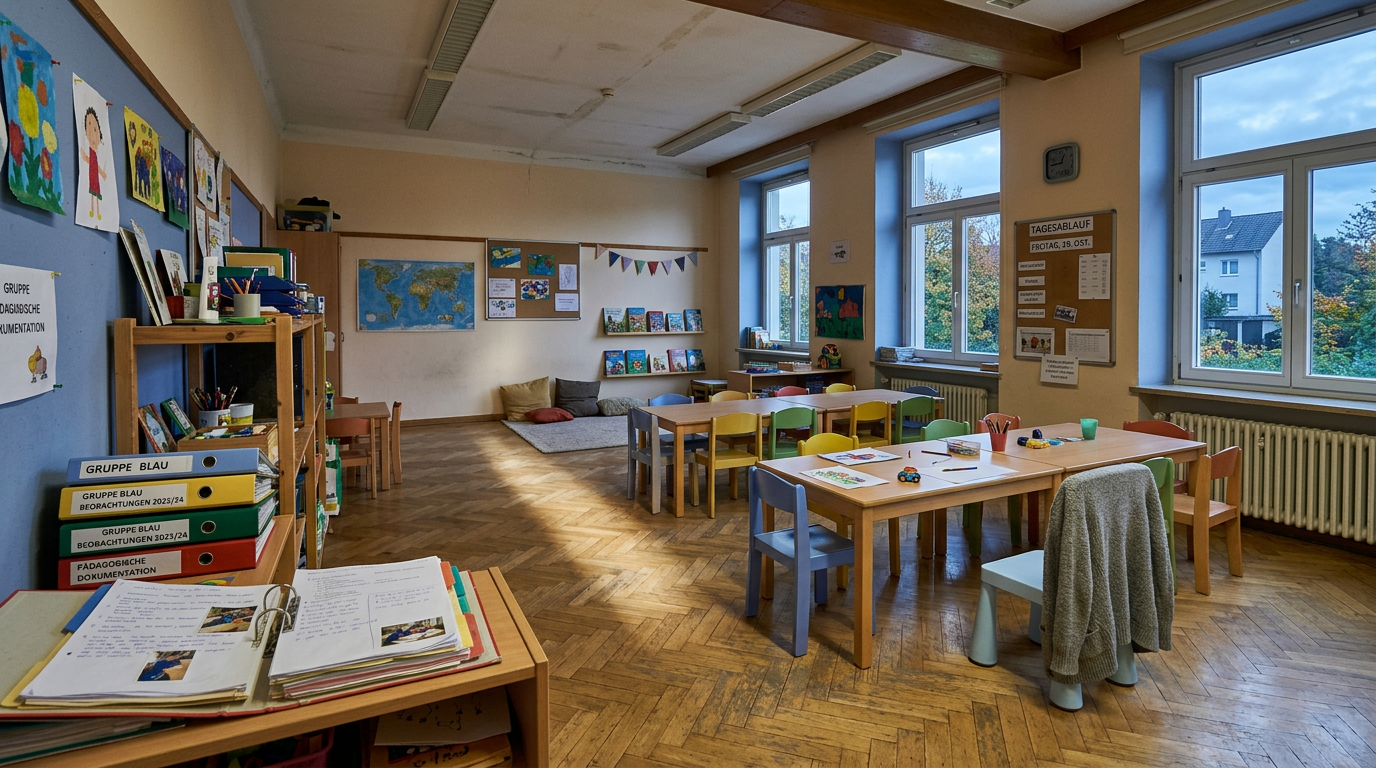 Weitwinkel eines frühen Kita-Morgens — kühles Blaulicht durch Milchglasscheiben,