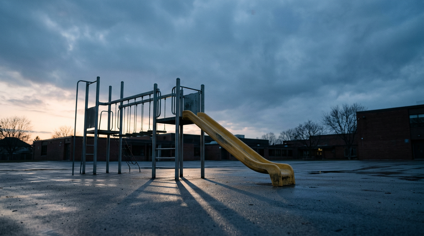Stille Aufnahme eines leeren Schulhofs in der Abenddämmerung, gedämpfte blaue