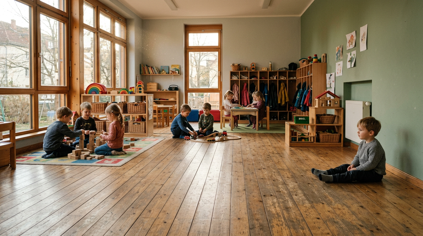 Weitwinkelaufnahme eines hellen Kita-Gruppenraums, alle Kinder spielen in