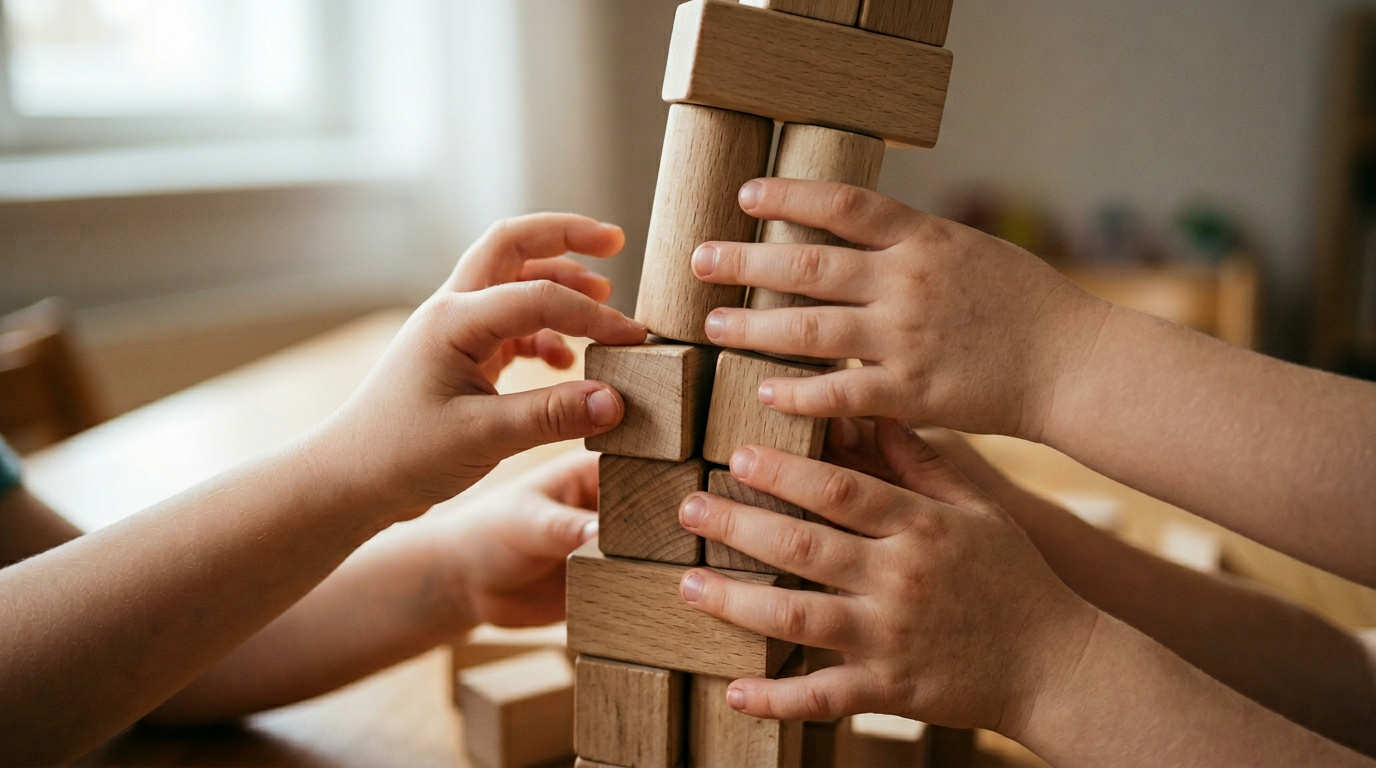 Detailaufnahme kleiner Kinderhände die versuchen einen viel zu hohen Turm aus