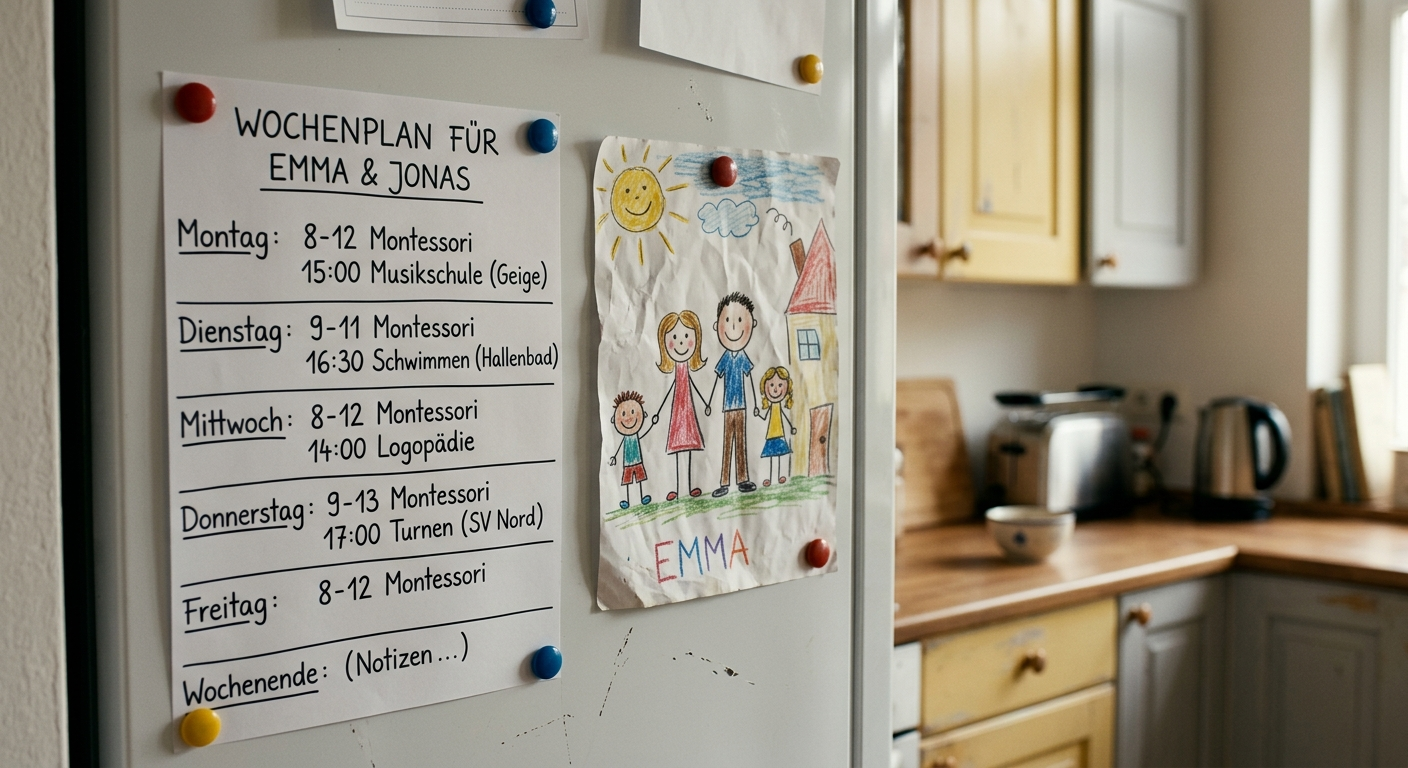 Ein dichter Wochenkalender mit handgeschriebenen Kinderterminen klebt an einer