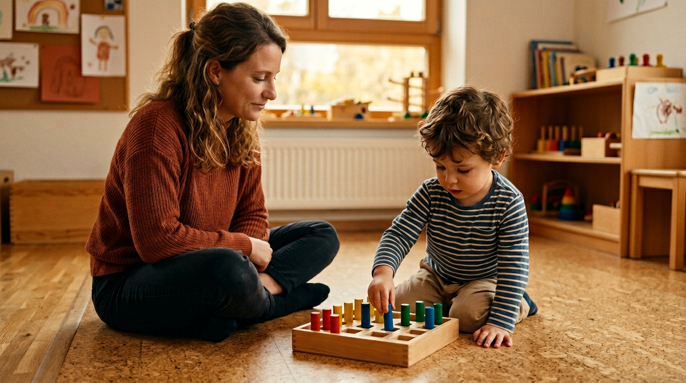 Eine Erzieherin sitzt auf Augenhöhe eines Kindes auf dem Boden und schaut dem