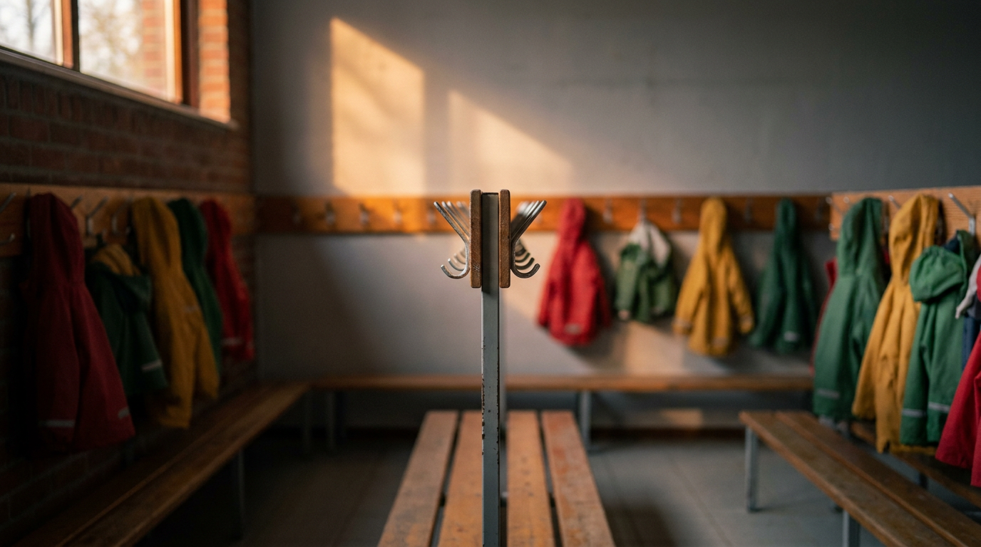 Nahaufnahme eines leeren Kita-Garderobenbereichs am frühen Morgen — ein