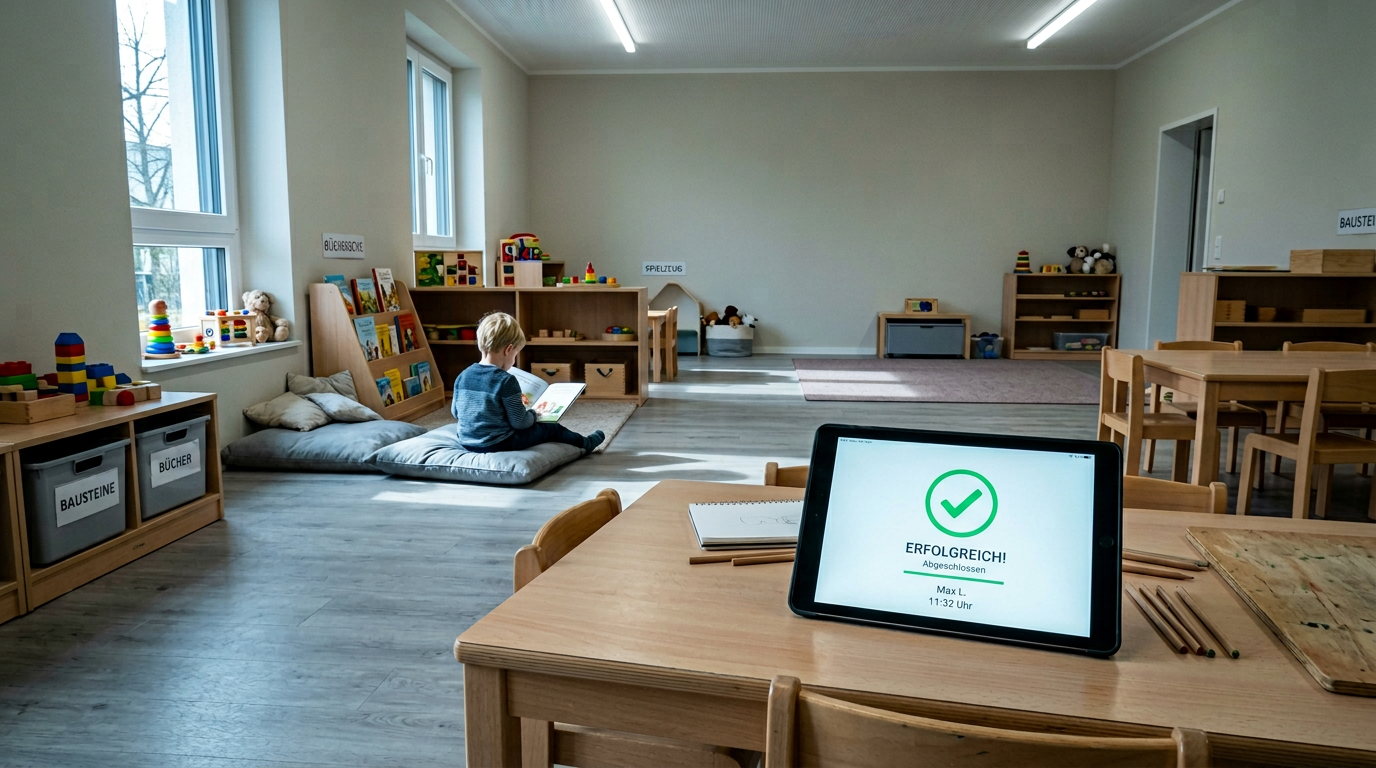 Weitwinkelaufnahme eines Kita-Gruppenraums, Tablet auf einem Tisch im