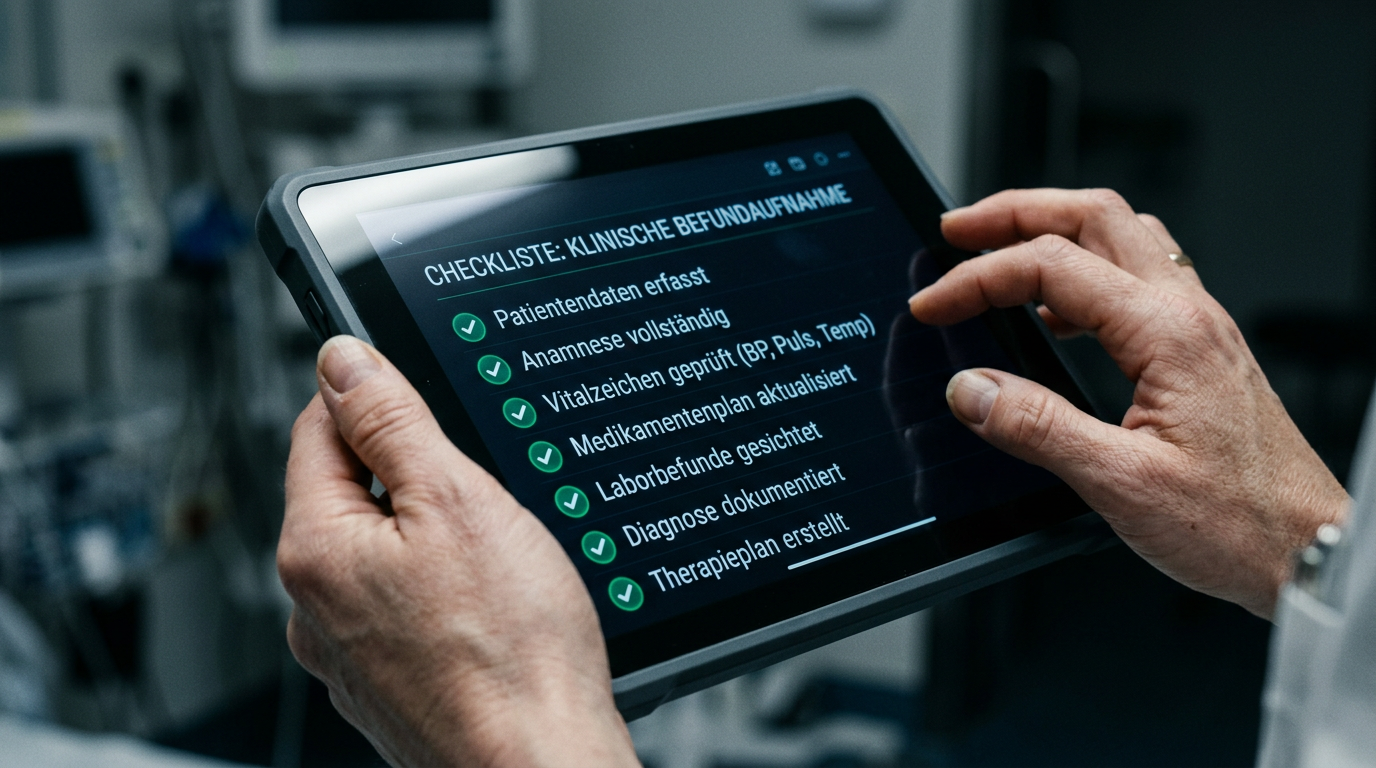 Detailaufnahme einer Hand die einen Touchscreen mit Häkchen-Liste hält, kaltes