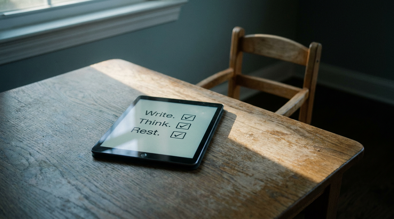 Stillleben aus einem Tablet auf einem Holztisch und einem leeren Kinderstuhl im