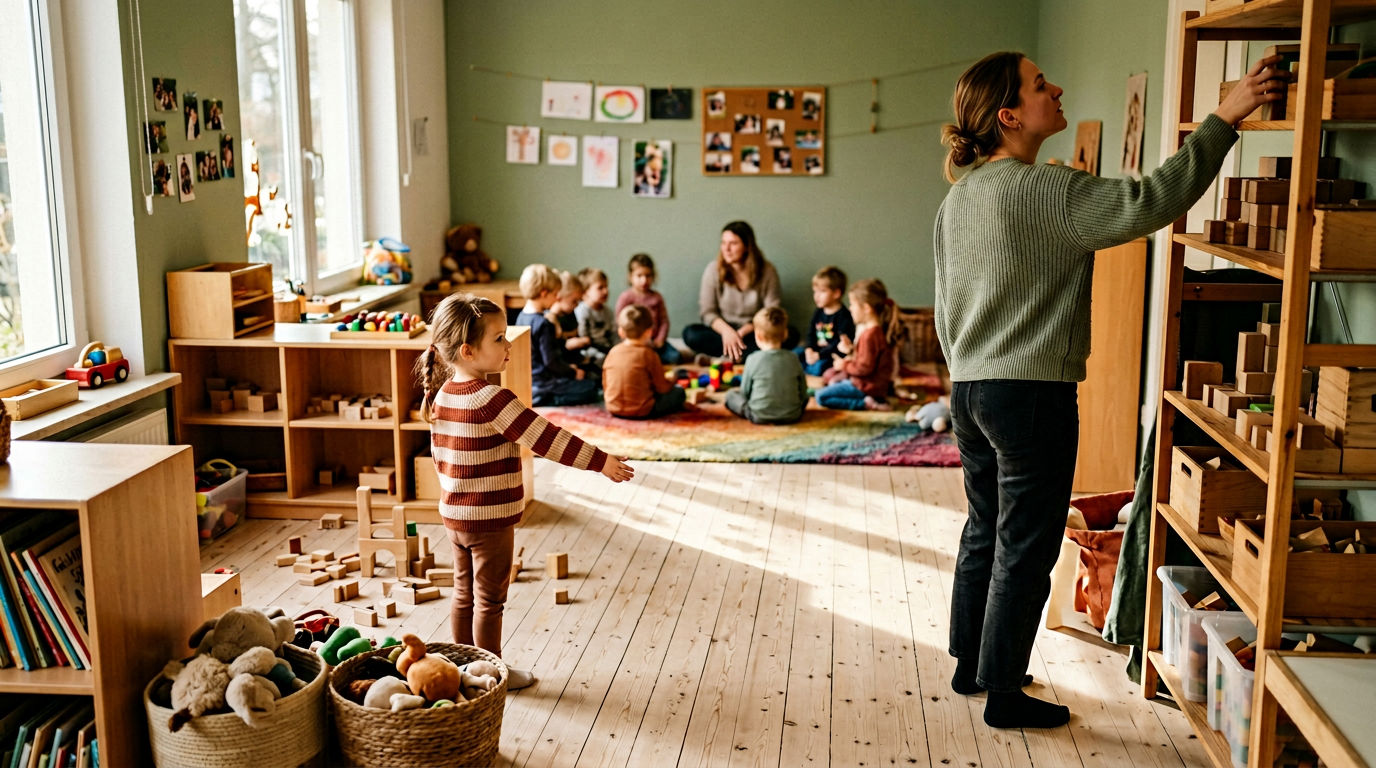 Weitwinkelaufnahme eines Kita-Gruppenraums, Erzieherin mit abgewandtem Blick