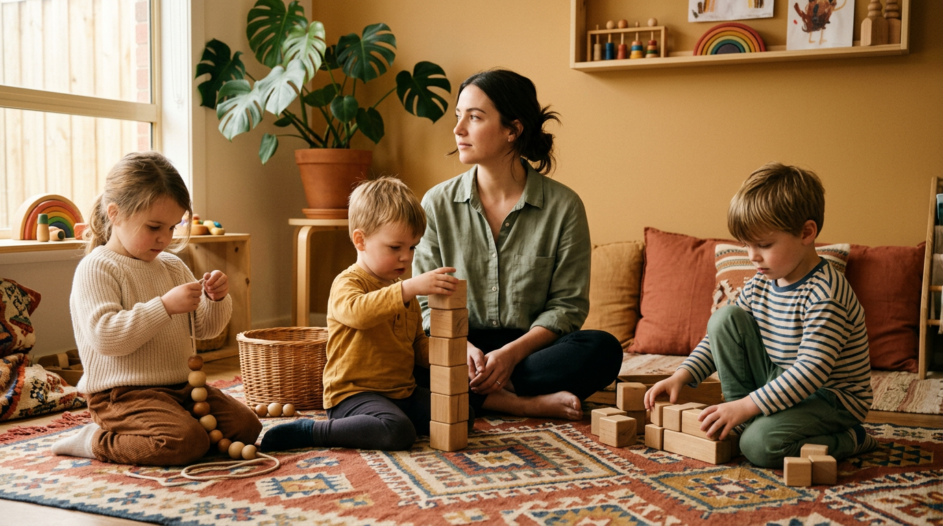 Erzieherin sitzt zwischen Kindern mit Blick in die Leere, gedämpfte Erdtöne,