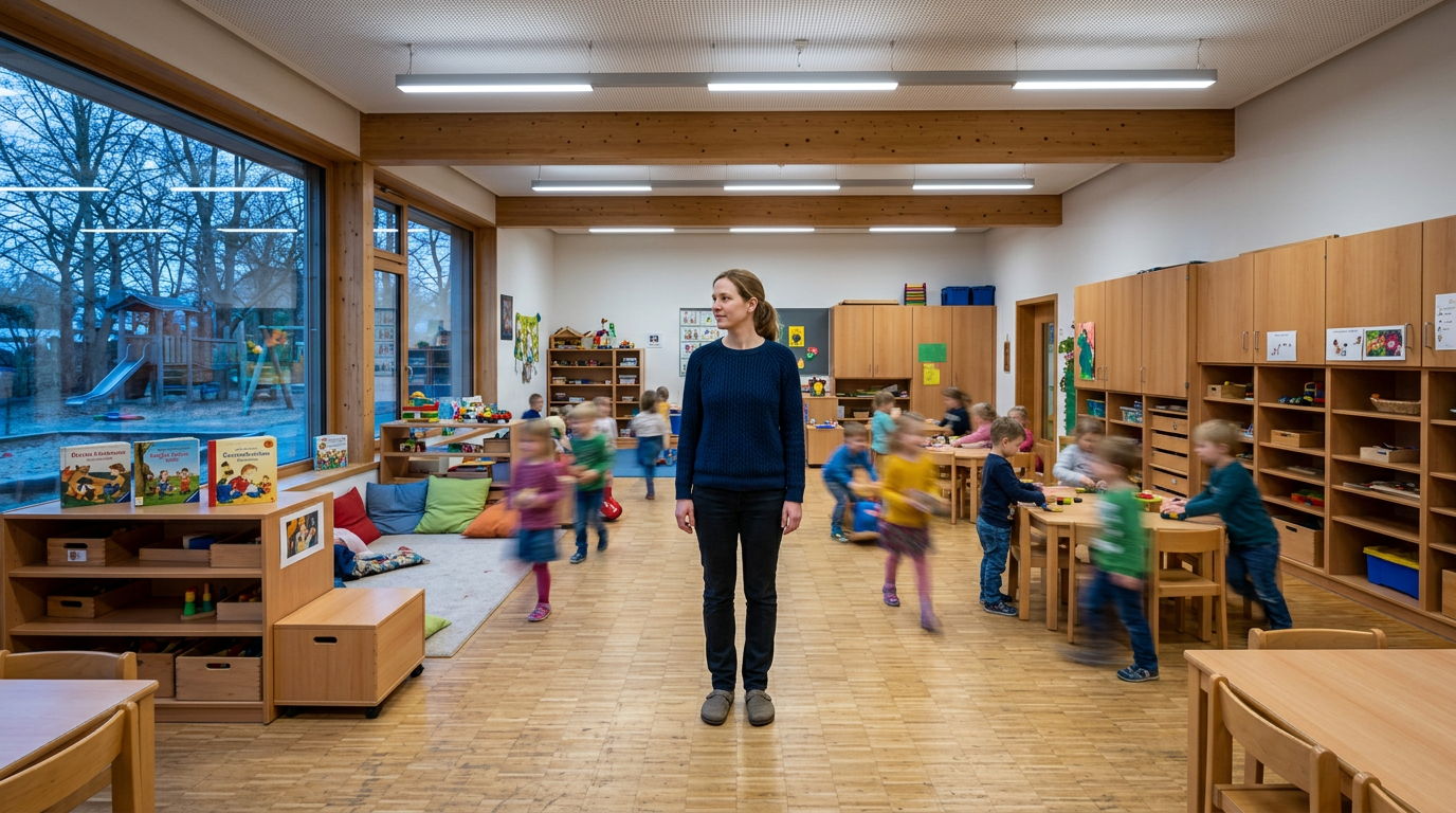 Weitwinkel-Aufnahme eines Gruppenraums zur Öffnungszeit, Kinder verschwommen im