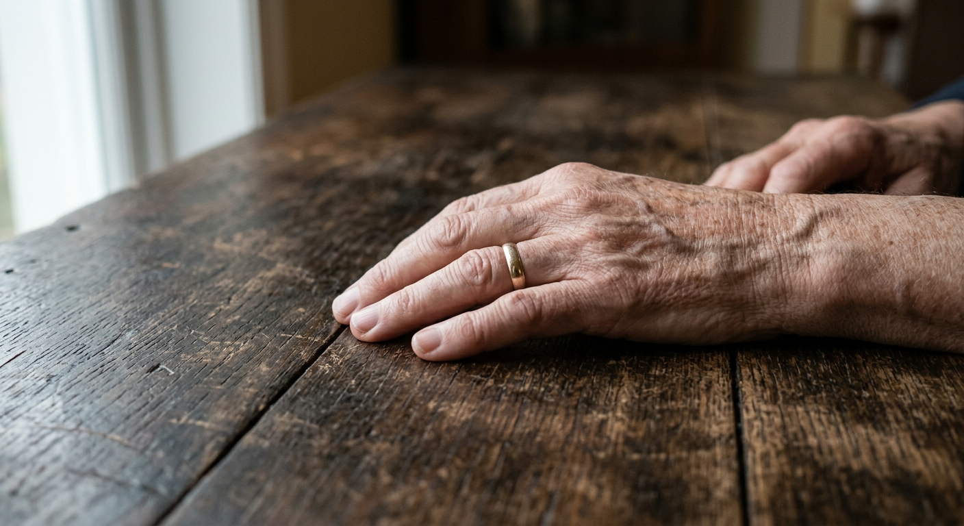 Detail einer ruhenden Hand auf einem Holztisch, neutrales Seitenlicht, keine