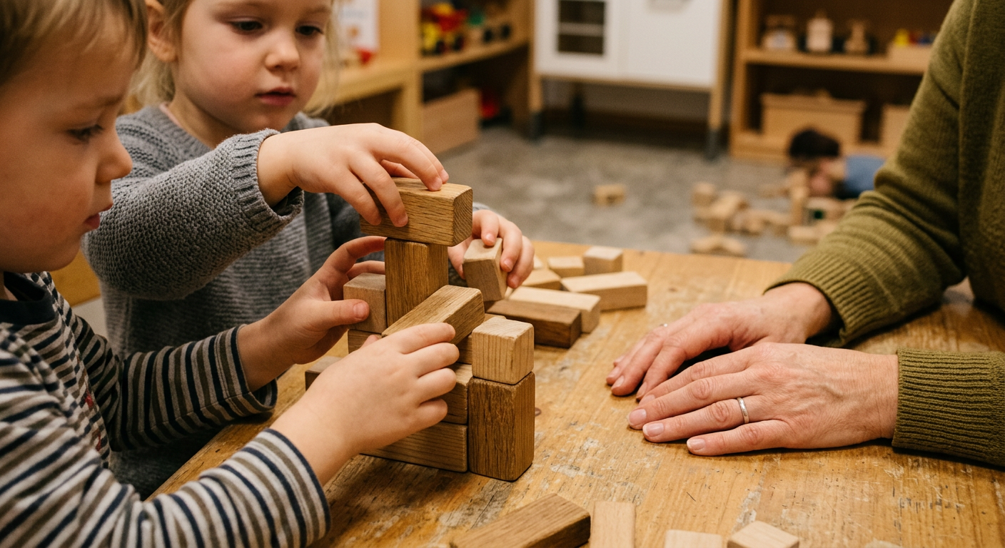 Nahaufnahme zweier Kinderhände beim Bauen mit Holzklötzen, warme Holztöne,