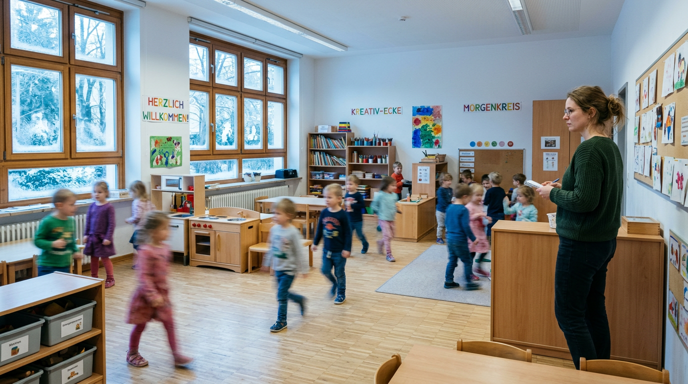 Weitwinkel eines Gruppenraums am frühen Morgen, kühles blaues Licht fällt schräg