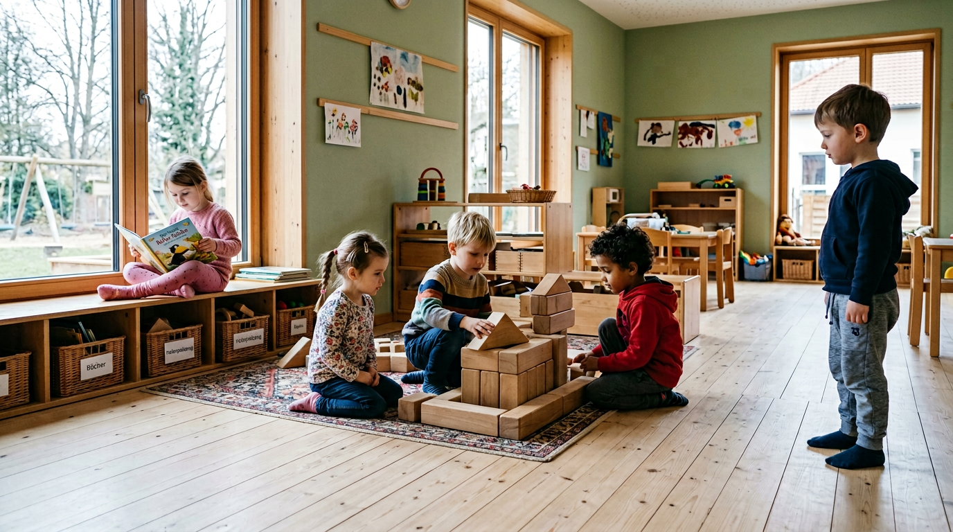 Weitwinkel eines Kita-Gruppenraums, kühles Morgenlicht, ein Kind steht am Rand