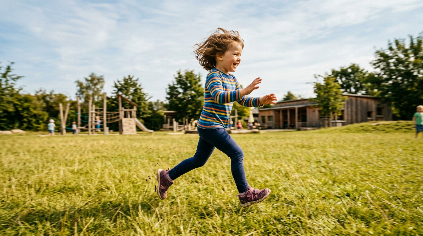 Erzieherin kauert auf Augenhöhe eines Kindes, beide berühren dasselbe Spielzeug,