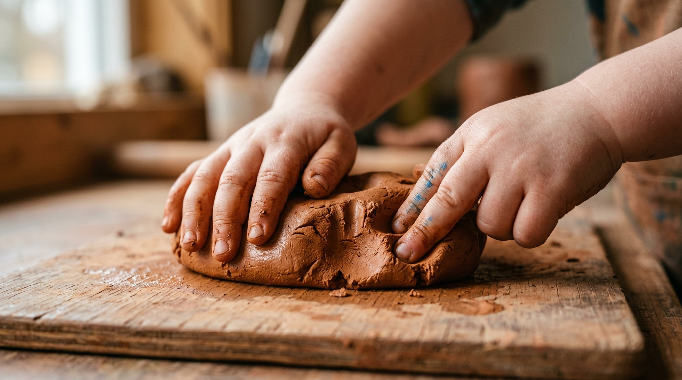 Weitwinkelaufnahme eines Kita-Gruppenraums am frühen Morgen, mehrere Kinder