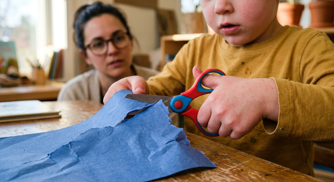 Gruppe kleiner Kinder sitzt im Halbkreis auf Kita-Boden, Erzieherin kniet