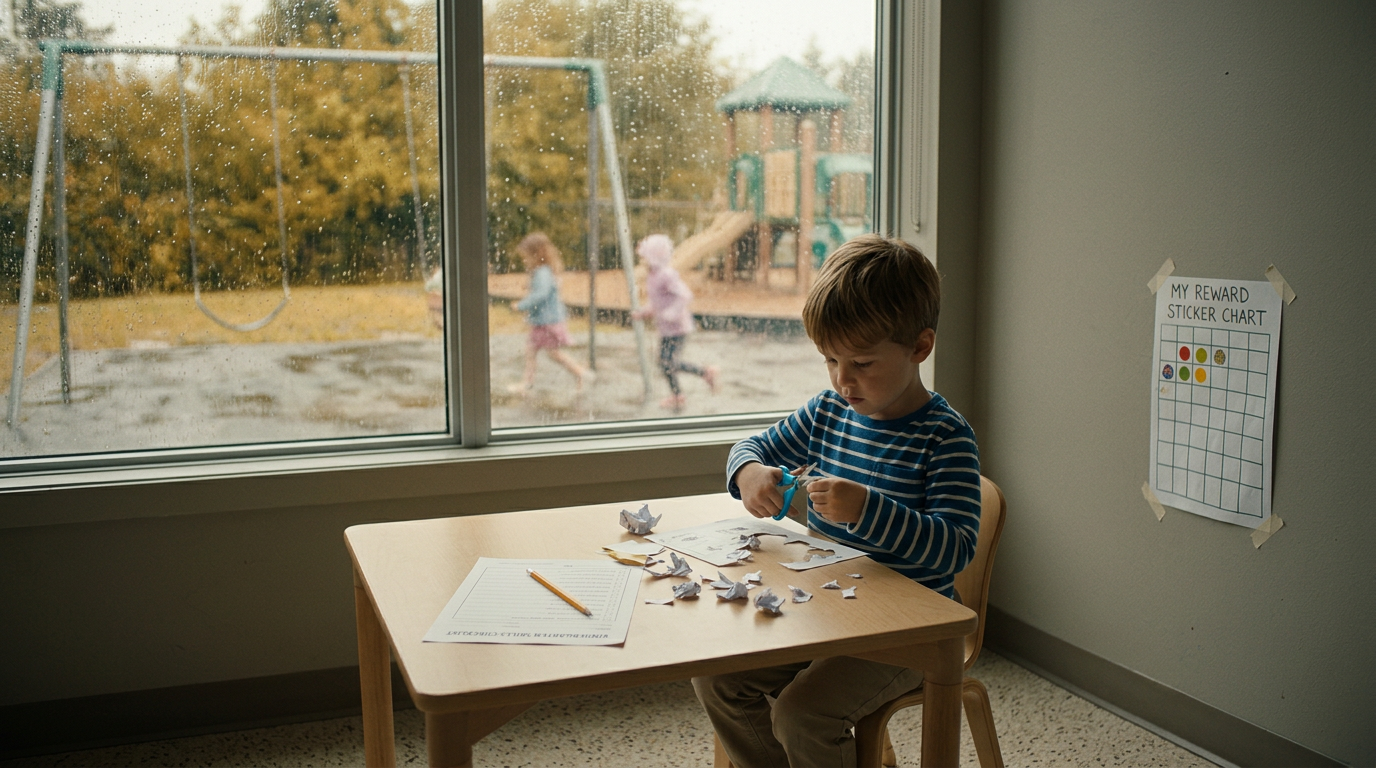 Beurteilungsbogen mit Kästchen liegt neben einer Kinderzeichnung auf einem Tisch