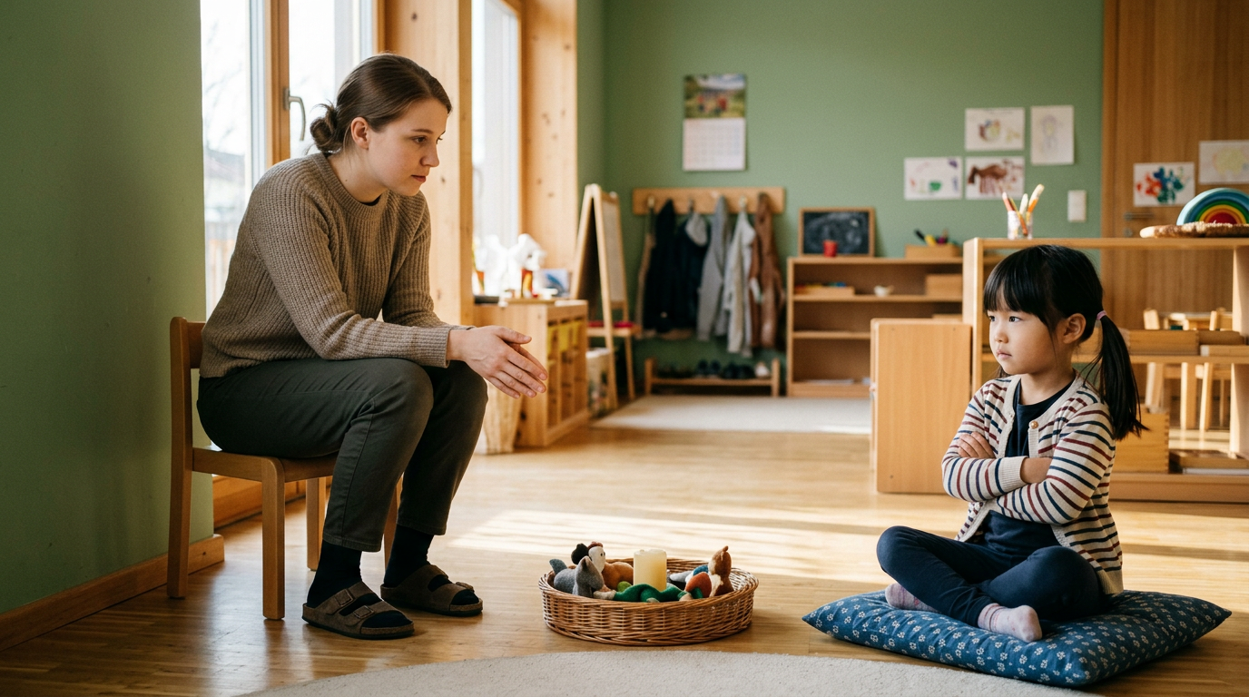 Erzieherin im Gespräch mit Kind in der Kita — pädagogische Haltung und Erziehungsstile reflektieren