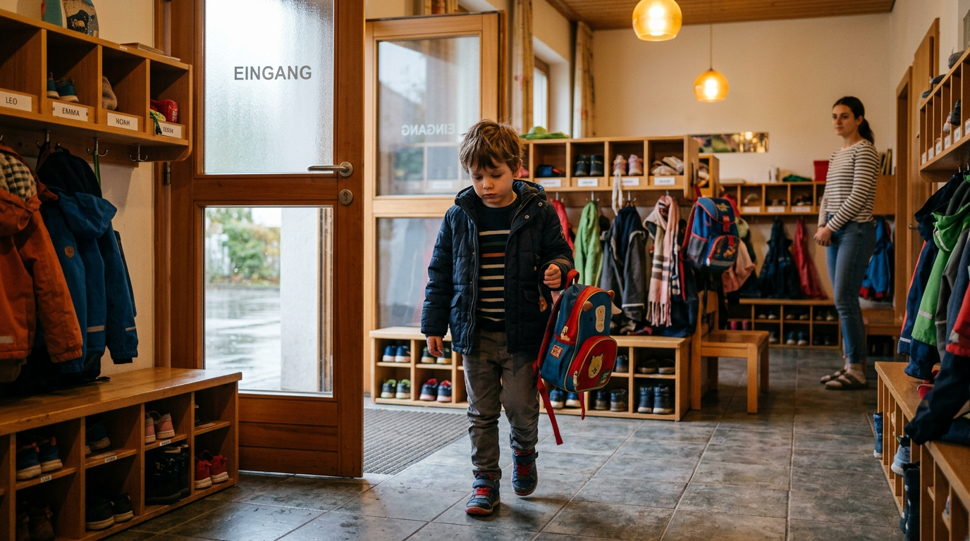 Kita-Eingangsbereich am frühen Morgen, Weitwinkel, ein Kleinkind klammert sich