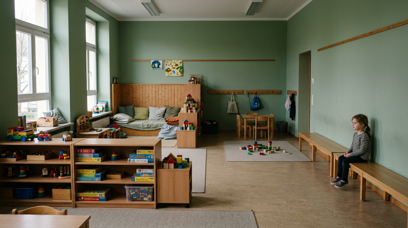 Junge Erzieherin Anfang zwanzig kniet auf Augenhöhe neben einem Kleinkind in der