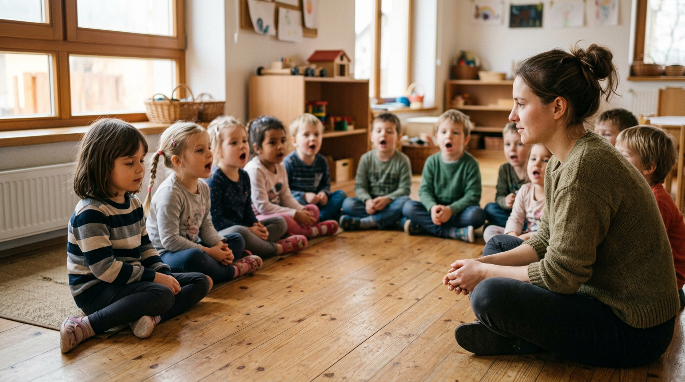 Weitwinkel eines hellen Kita-Gruppenraums, ein Kind sitzt allein an einem Tisch