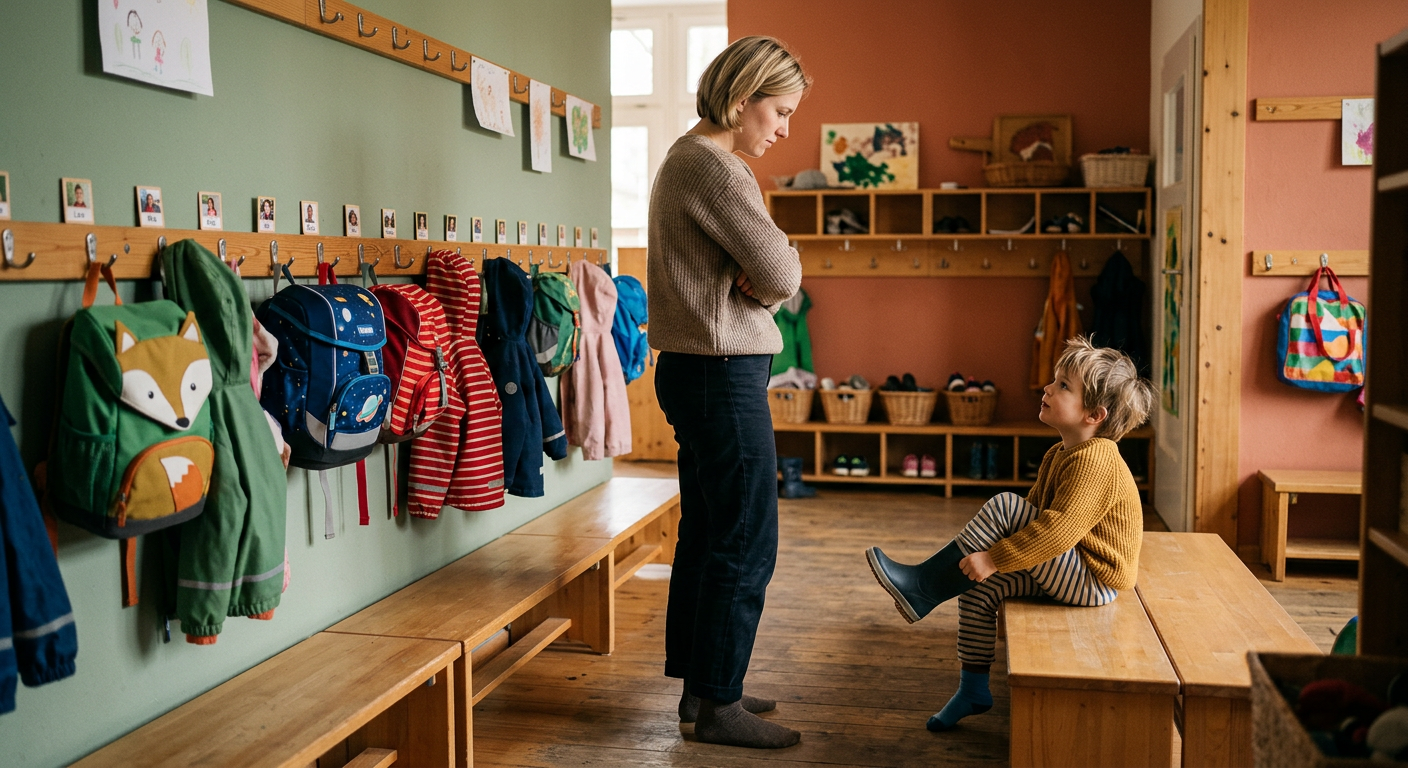 Erzieherin steht in der Kita-Garderobe, ein Kind sitzt auf der Bank und schaut