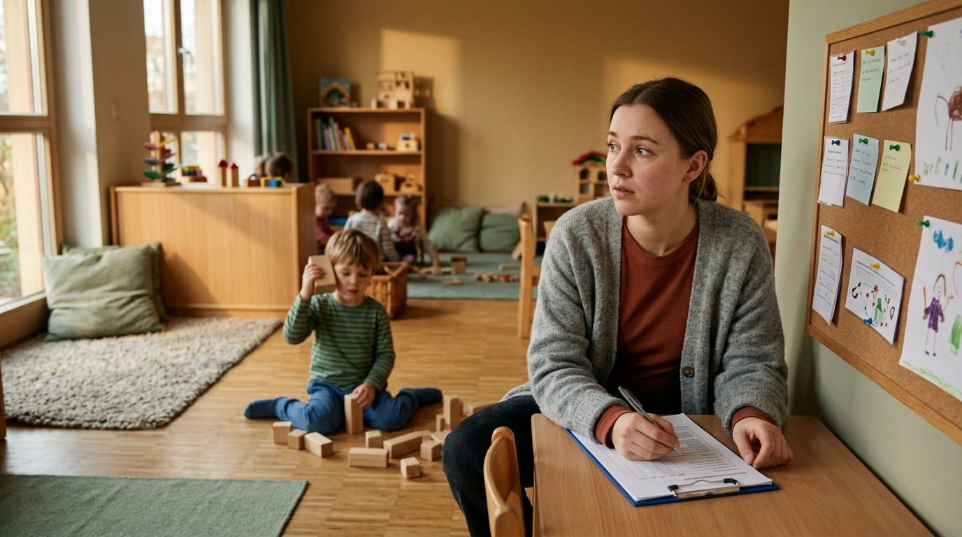 Heller Kita-Gruppenraum am Morgen, Erzieherin und Kinder — Das Bild vom Kind im Amtsdeutsch