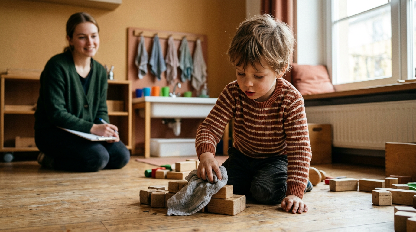 Weitwinkelaufnahme einer jungen Erzieherin Anfang zwanzig allein an einem