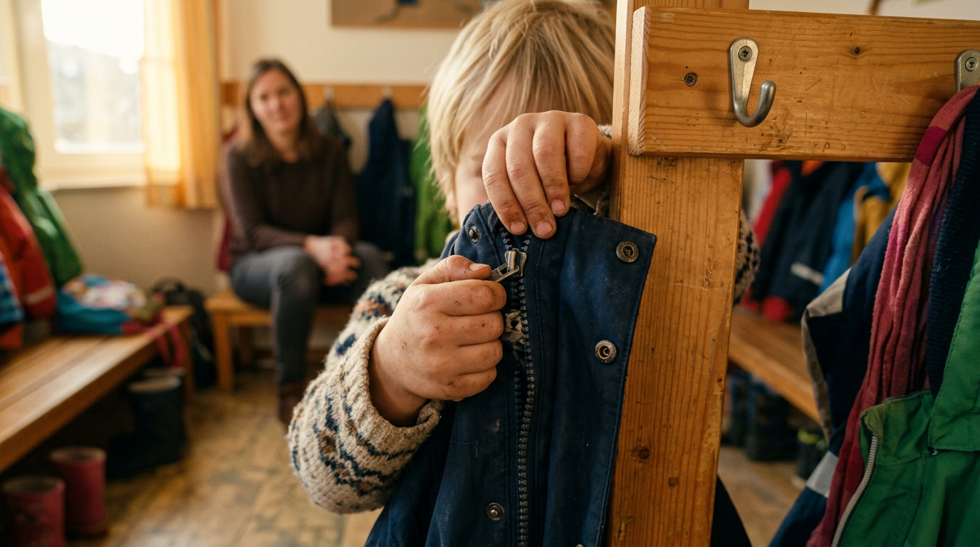 Warme Nahaufnahme einer jungen Erzieherin, die auf dem Boden kniet und einem