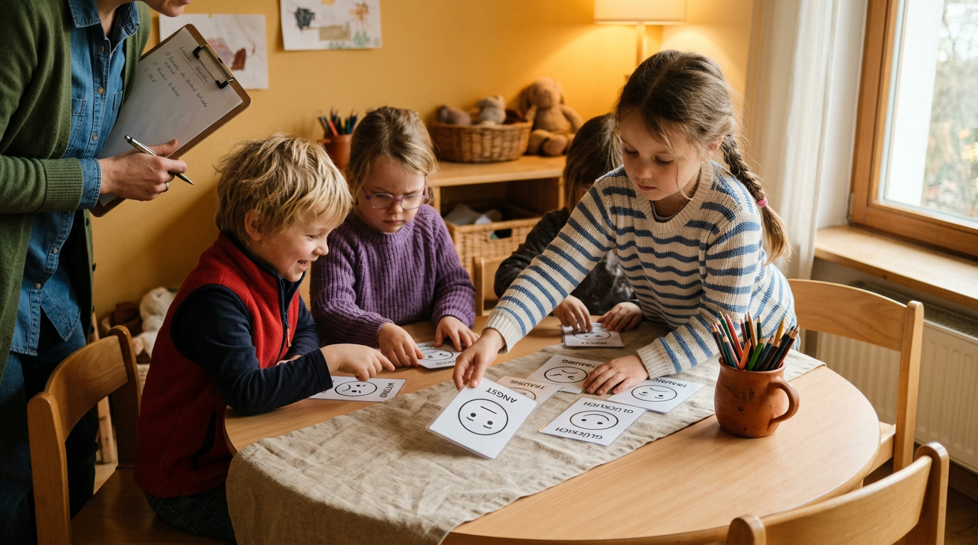 Ein leeres Arbeitsblatt mit gemalten Smileys liegt auf einem Kita-Tisch, daneben
